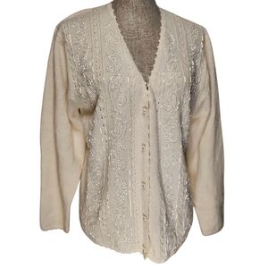 Vintage Koret Beaded Cardigan Sweater - Women's Size L - 80s Grandma Cottagecore